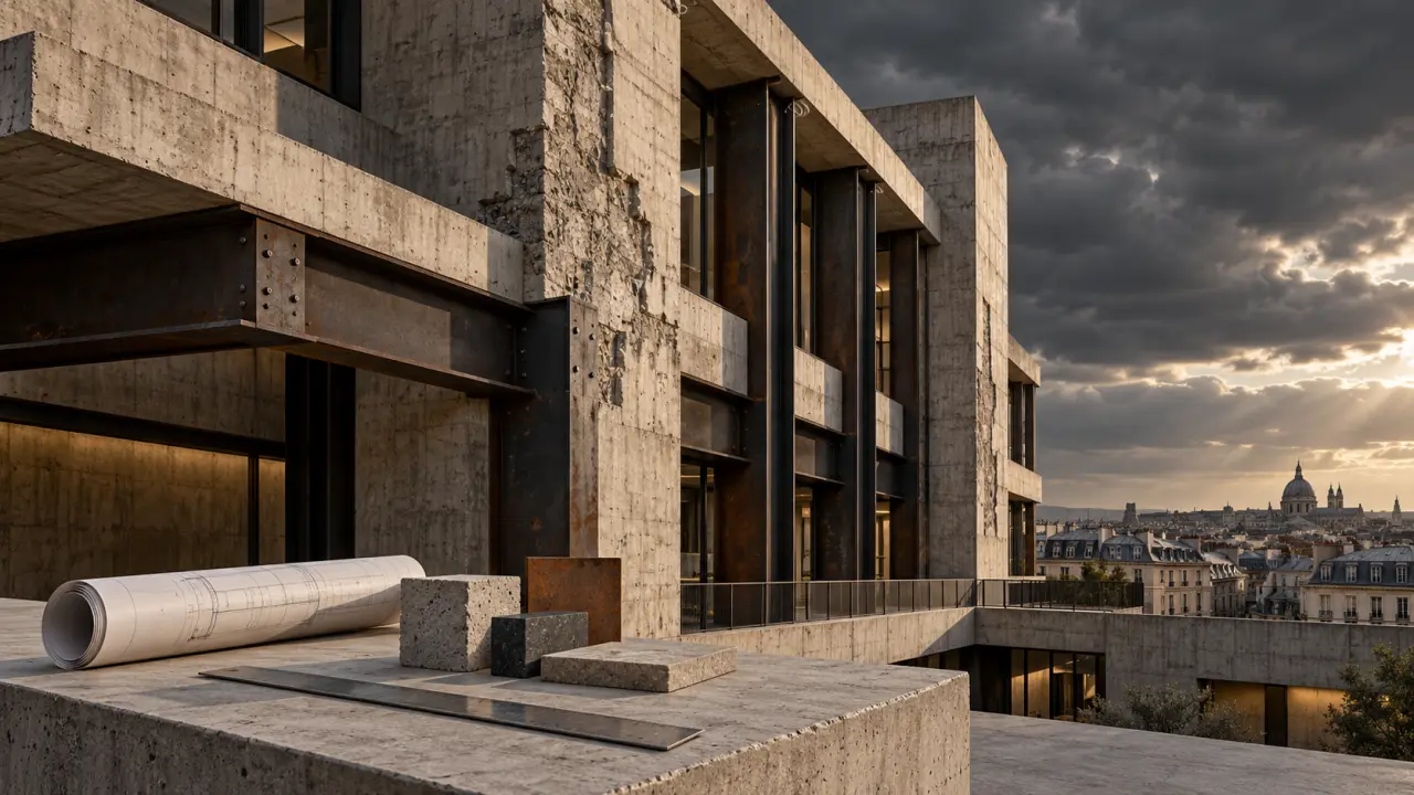 Bâtiment en béton brut réhabilité dans une esthétique néo-brutaliste