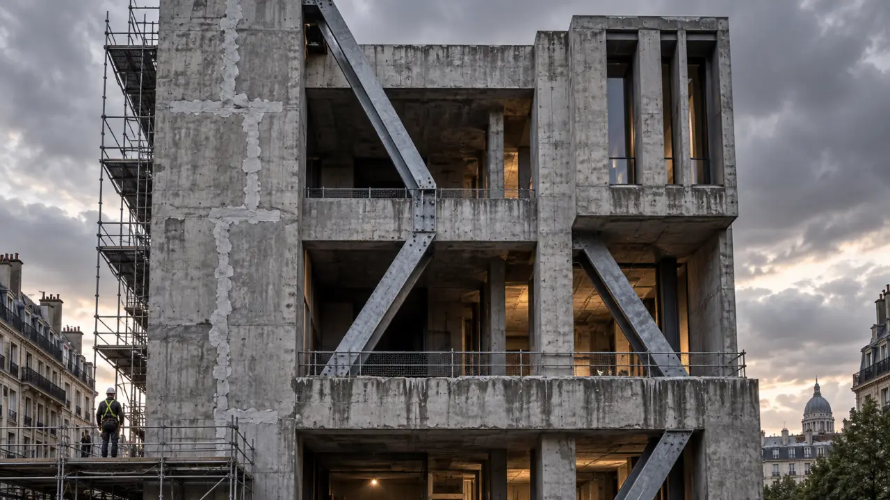 Bâtiment en béton brut en cours de réhabilitation, photographié en contre-plongée