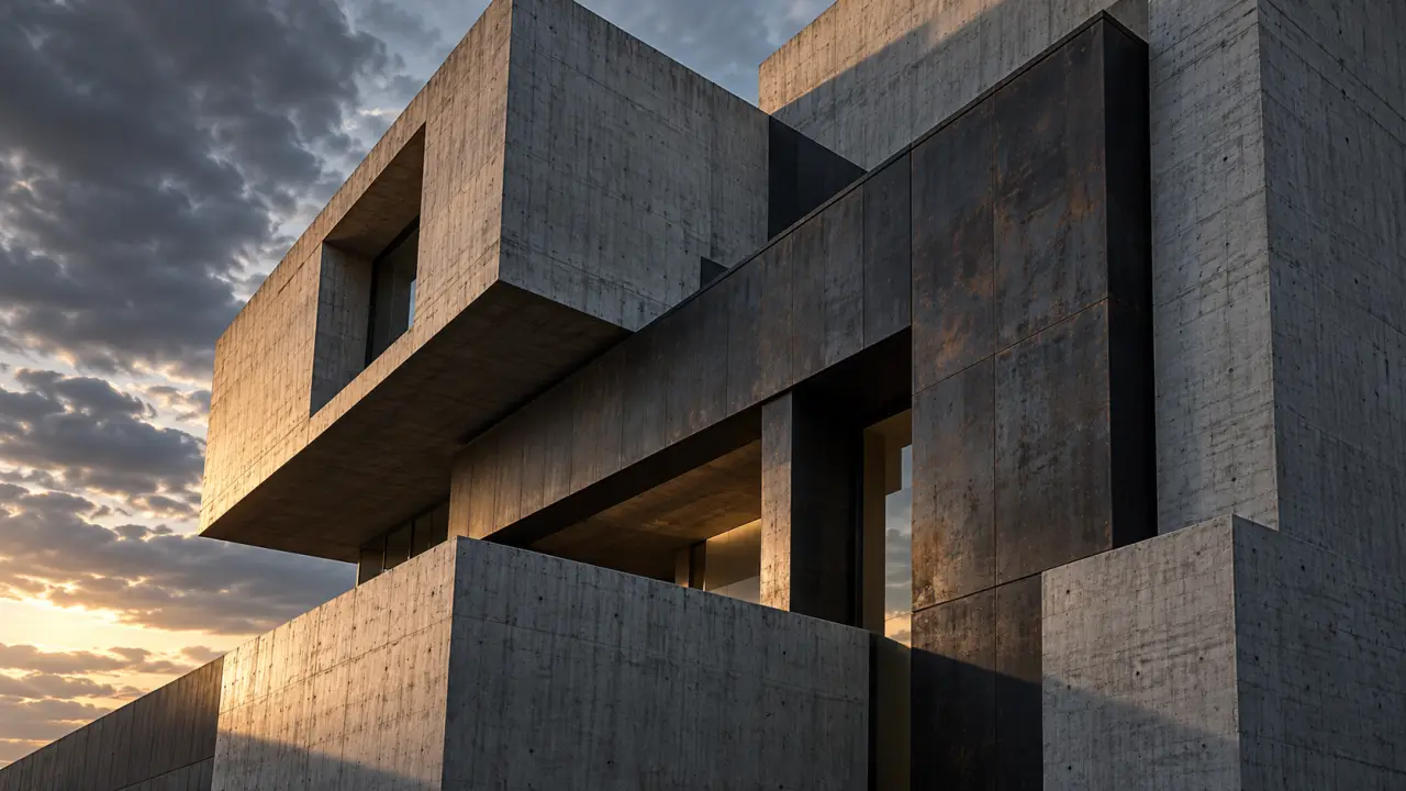 Façade en béton brut aux volumes géométriques et aux fenêtres asymétriques
