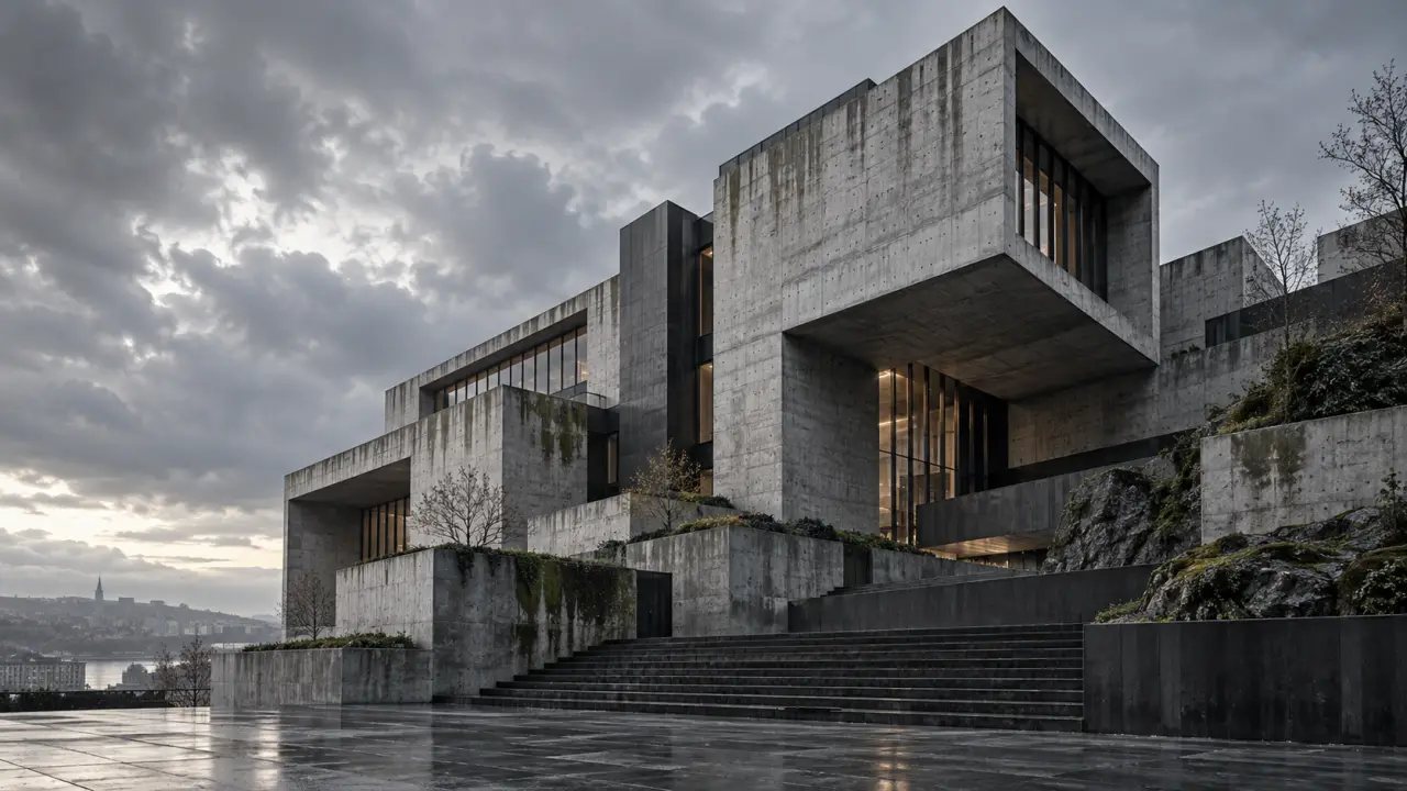 Bâtiment néo-brutaliste en béton brut observé en contre-plongée