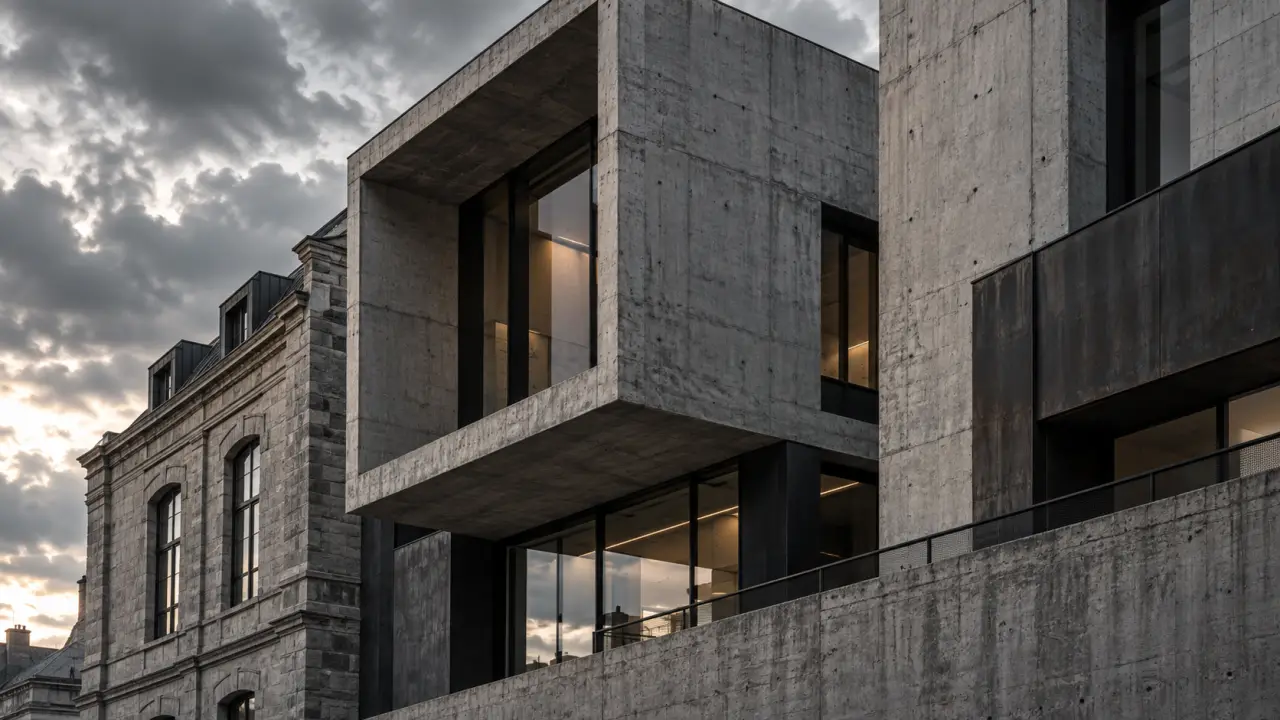 Bâtiment rénové en béton brut, photographié en contre-plongée