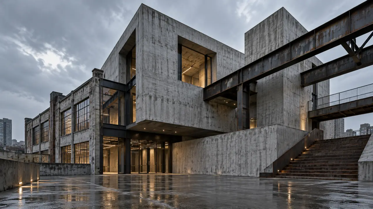 Bâtiment brutaliste en béton et acier observé en contre-plongée