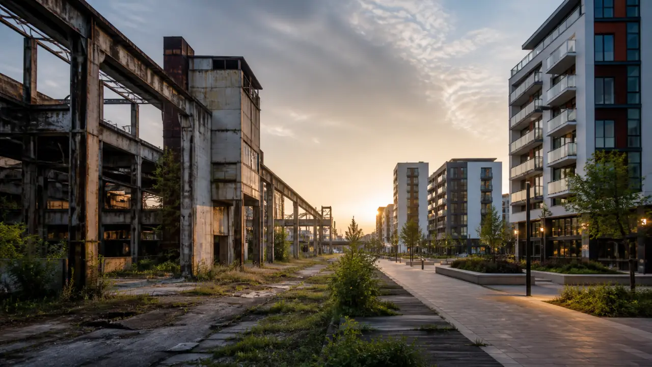 Photographie architecturale noir et blanc d'un bâtiment en béton brut, contre-plongée extrême, accents géométriques jaune néon