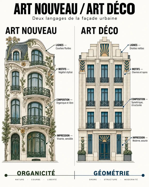 Comparaison visuelle entre un immeuble Art nouveau et un immeuble Art déco