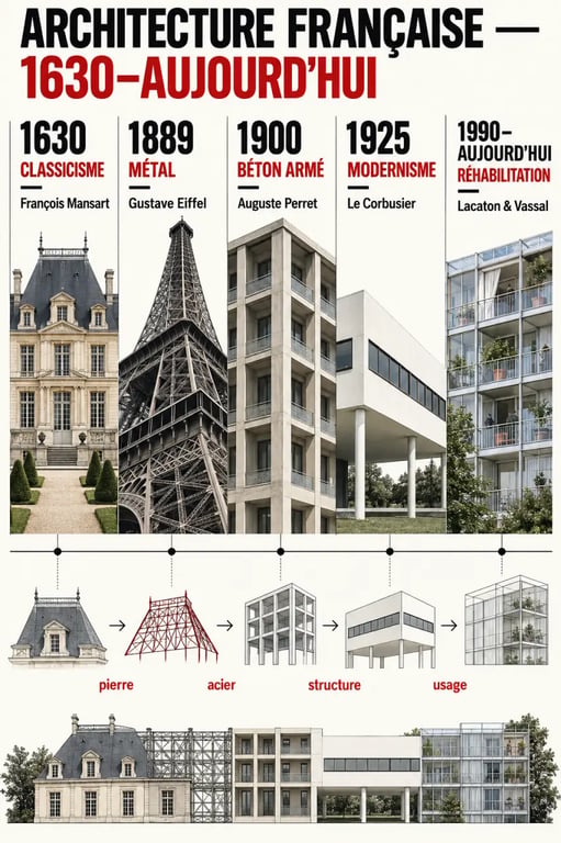 Infographie sur l'évolution des architectes français célèbres et des matériaux, de Mansart à Lacaton et Vassal
